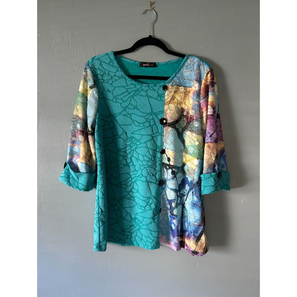 Yushi women's green/blue tunic top with button detail size measures medium